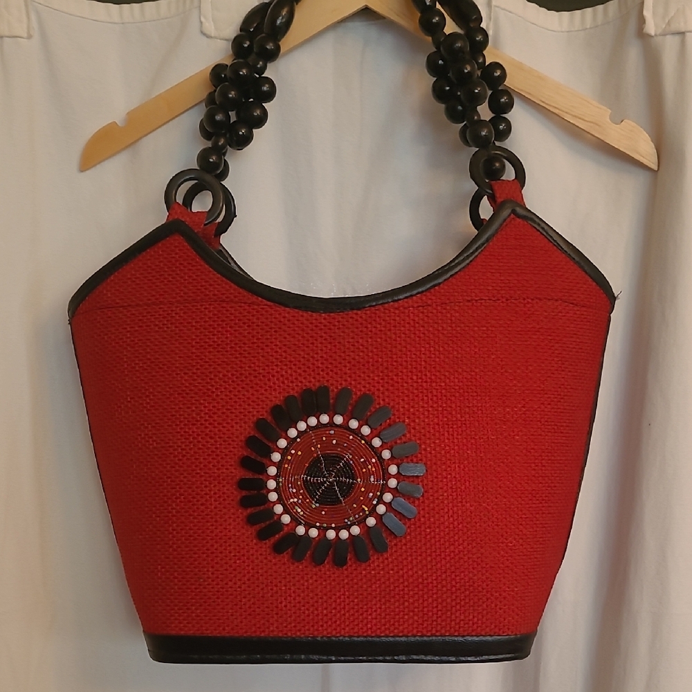 Red Beaded Handle Women's Bag